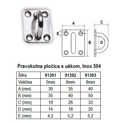 Pravokutna pločica s uškom, Inox 304 Aneli, uške, prstenovi i vijci