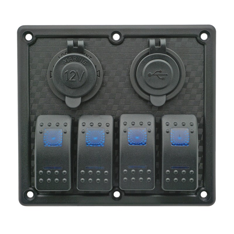 LED Waterproof Switch Panel, 4 Switches with USB & 12 V Socket (12/24 V) Panels