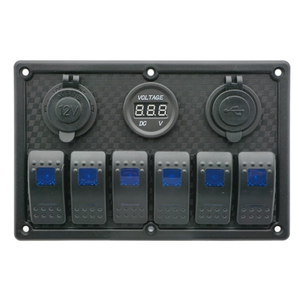 LED Waterproof Switch Panel, 6 Switches with USB & Voltmeter (12/24 V) Panels