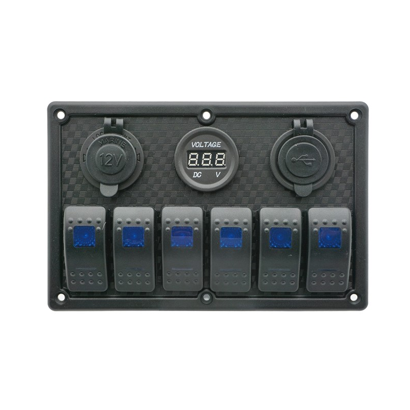 LED Waterproof Switch Panel, 6 Switches with USB & Voltmeter (12/24 V) Panels