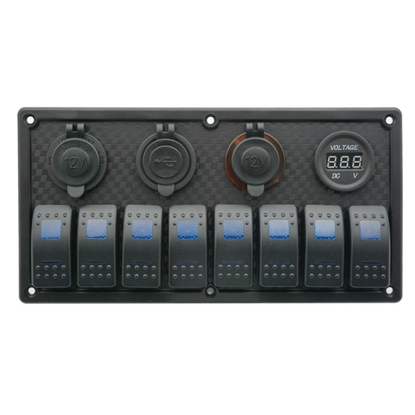 LED Waterproof Switch Panel, 8 Switches with 2xUSB & Voltmeter (12/24 V) Panels