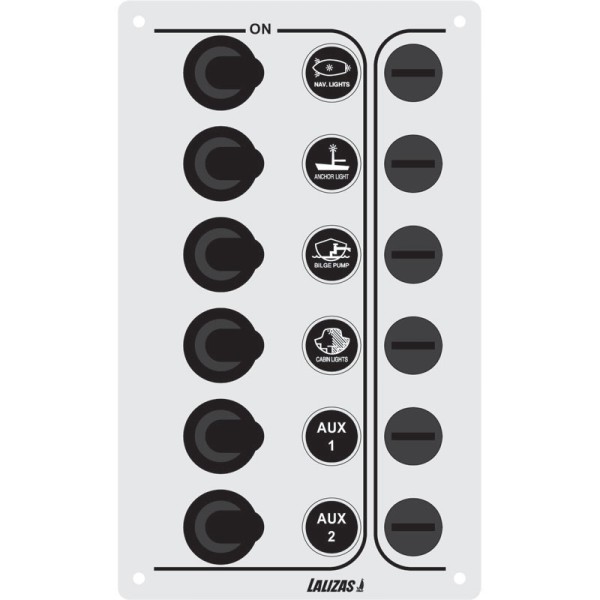Switch Panel SP6 “Economy”, 6 Waterproof Switches, Inox, 12/24 V, 100×165 mm Panels
