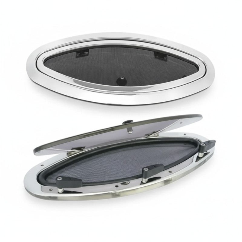 Oval Side Window 460 x 205 mm, Cut-out 414 x 156 mm, Stainless Steel AISI 316 Side Windows (Portlights)